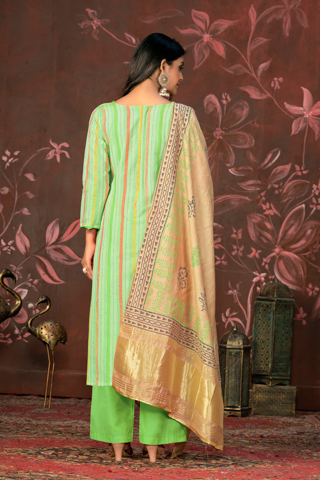 Green Cambric Cotton Suit | Chanderi Dupatta with Wevon Hand Work