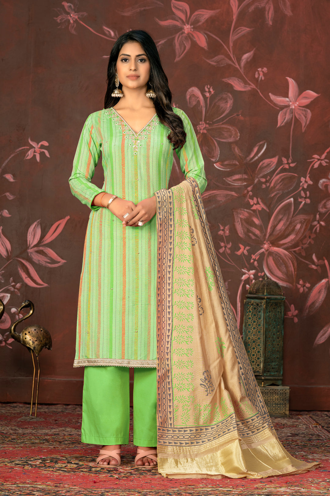 Green Cambric Cotton Suit | Chanderi Dupatta with Wevon Hand Work