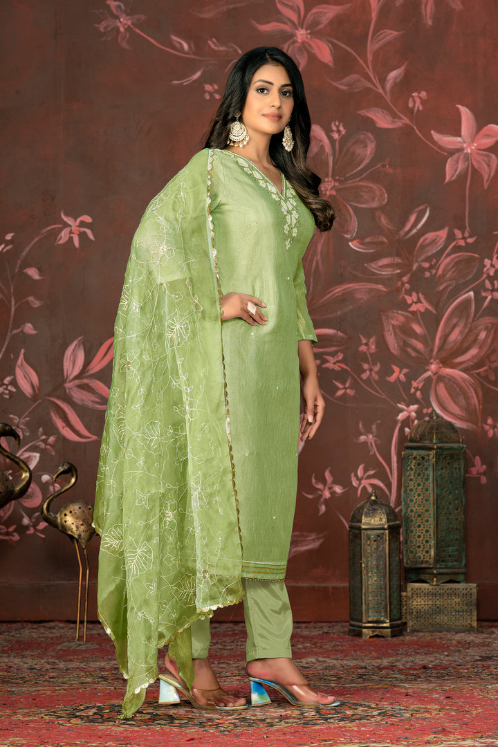 Handcrafted Simmer Cotton Top | Organza Dupatta & Santoon Bottom Set