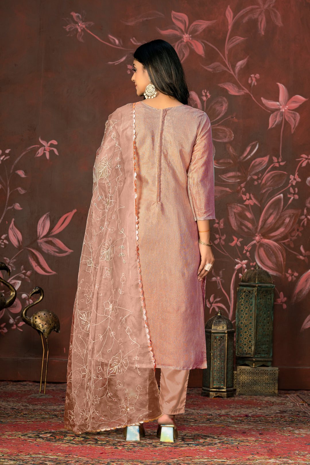 Handcrafted Simmer Cotton Top | Organza Dupatta & Santoon Bottom Set