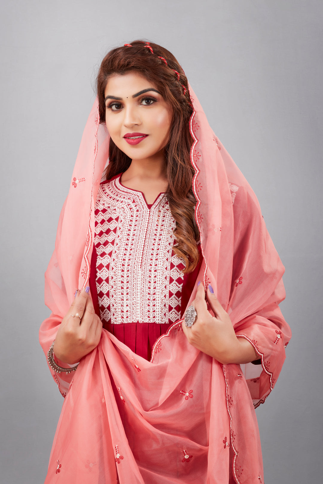 Designer Muslin Silk Top | Organza Dupatta with Lukhnowi Work