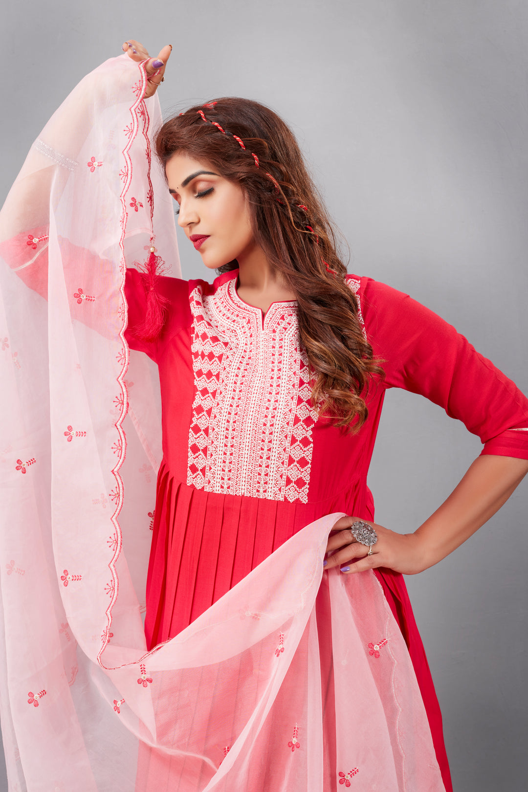 Designer Muslin Silk Top | Organza Dupatta with Lukhnowi Work