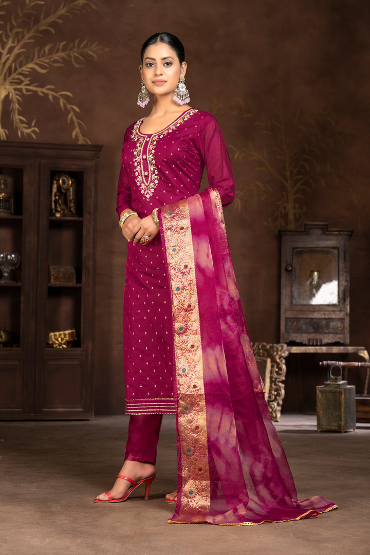 Modal Butti Santoon Organza Designer Suit | Hand Work Wevon Dupatta Pair