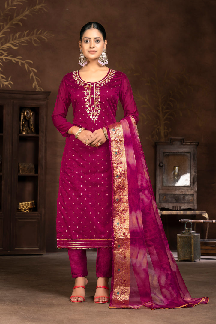 Modal Butti Santoon Organza Designer Suit | Hand Work Wevon Dupatta Pair