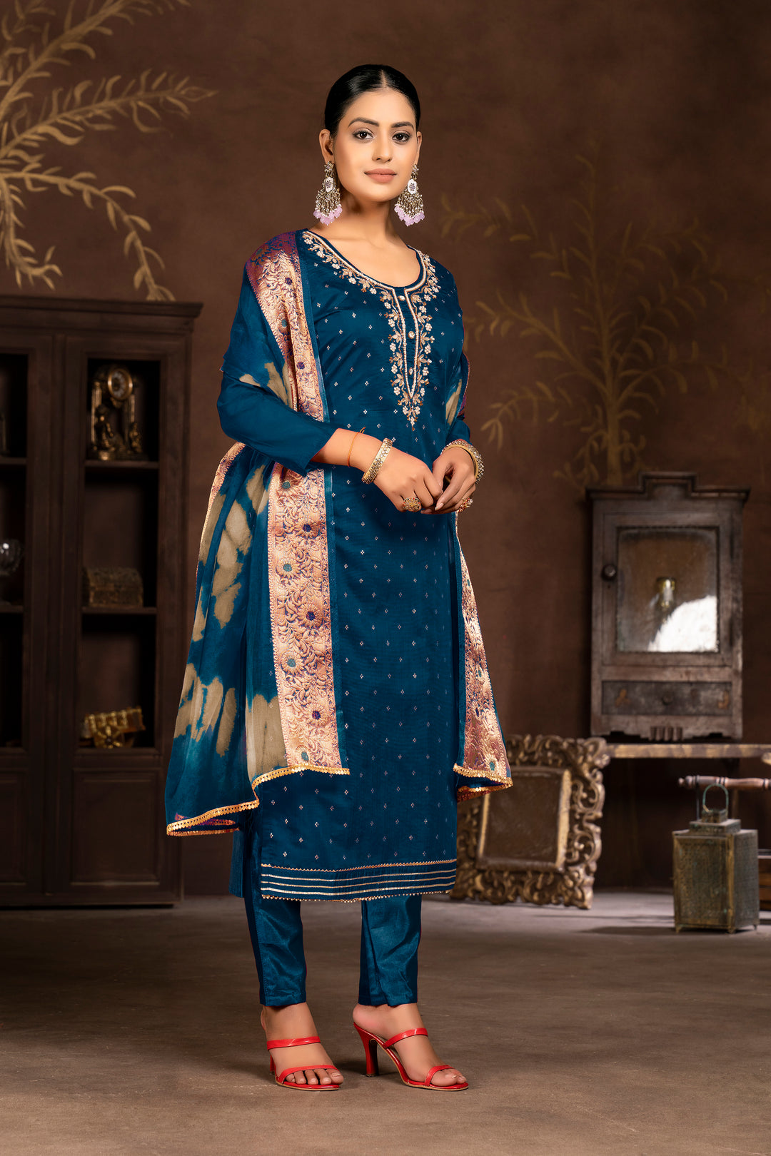 Modal Butti Santoon Organza Designer Suit | Hand Work Wevon Dupatta Pair