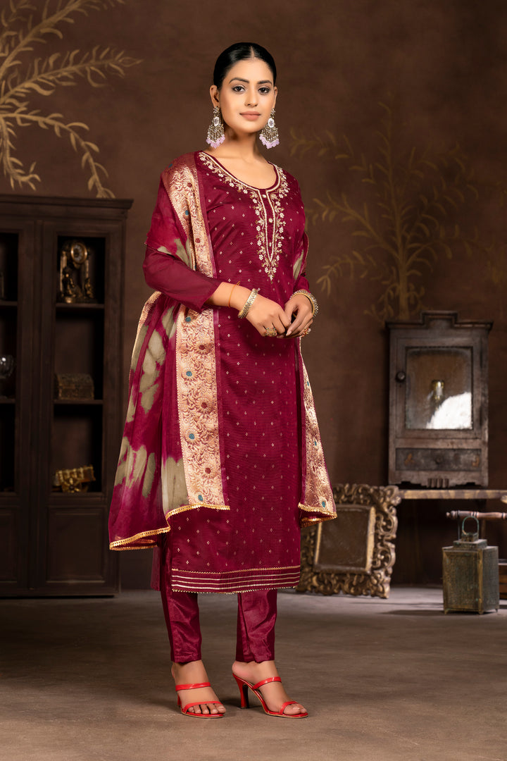 Modal Butti Santoon Organza Designer Suit | Hand Work Wevon Dupatta Pair