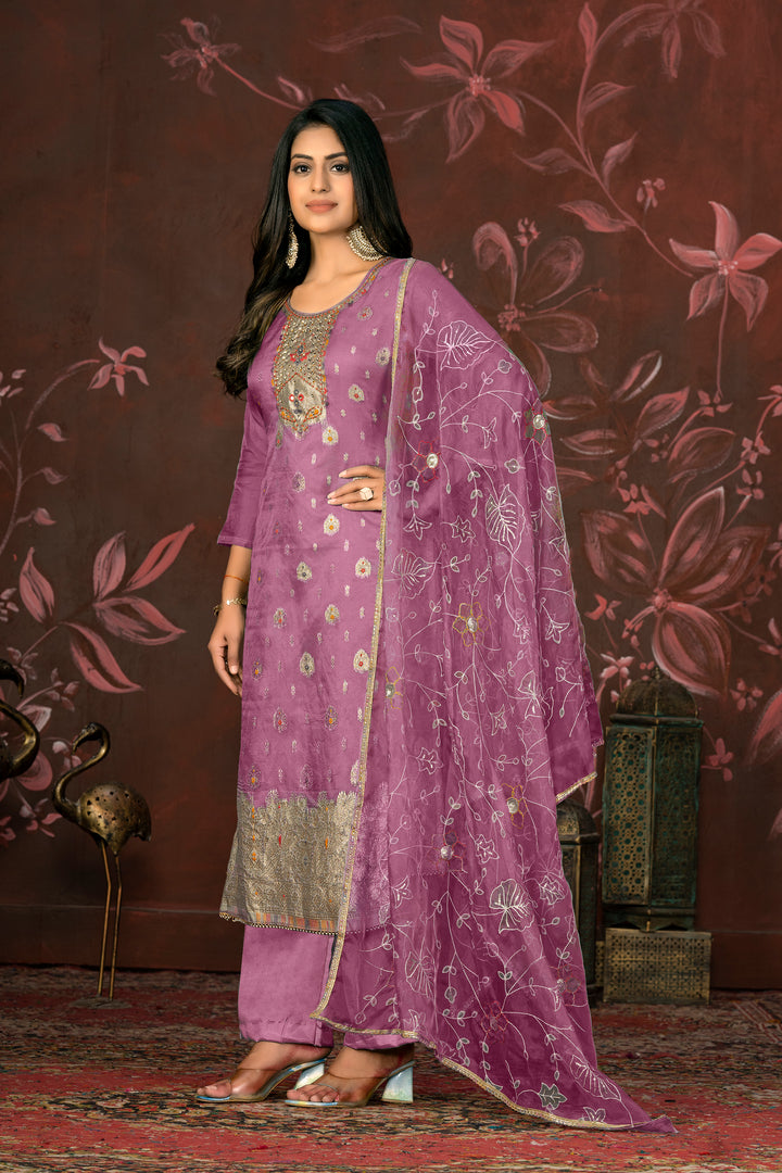 Elegant Organza Wevon Hand Work Suit | Santoon Bottom & Dupatta Set