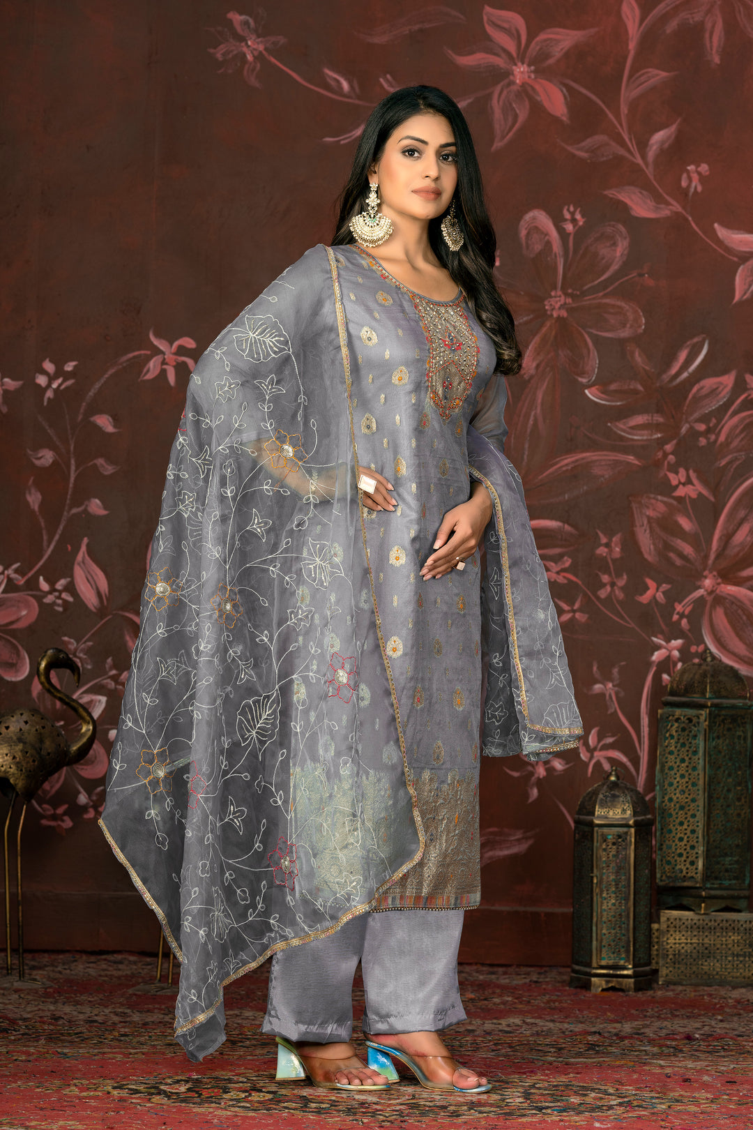 Elegant Organza Wevon Hand Work Suit | Santoon Bottom & Dupatta Set