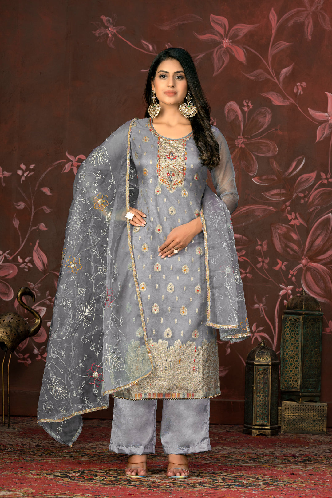 Elegant Organza Wevon Hand Work Suit | Santoon Bottom & Dupatta Set