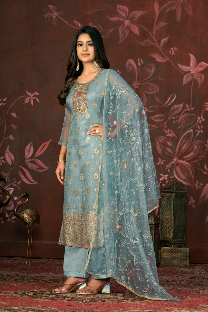 Elegant Organza Wevon Hand Work Suit | Santoon Bottom & Dupatta Set