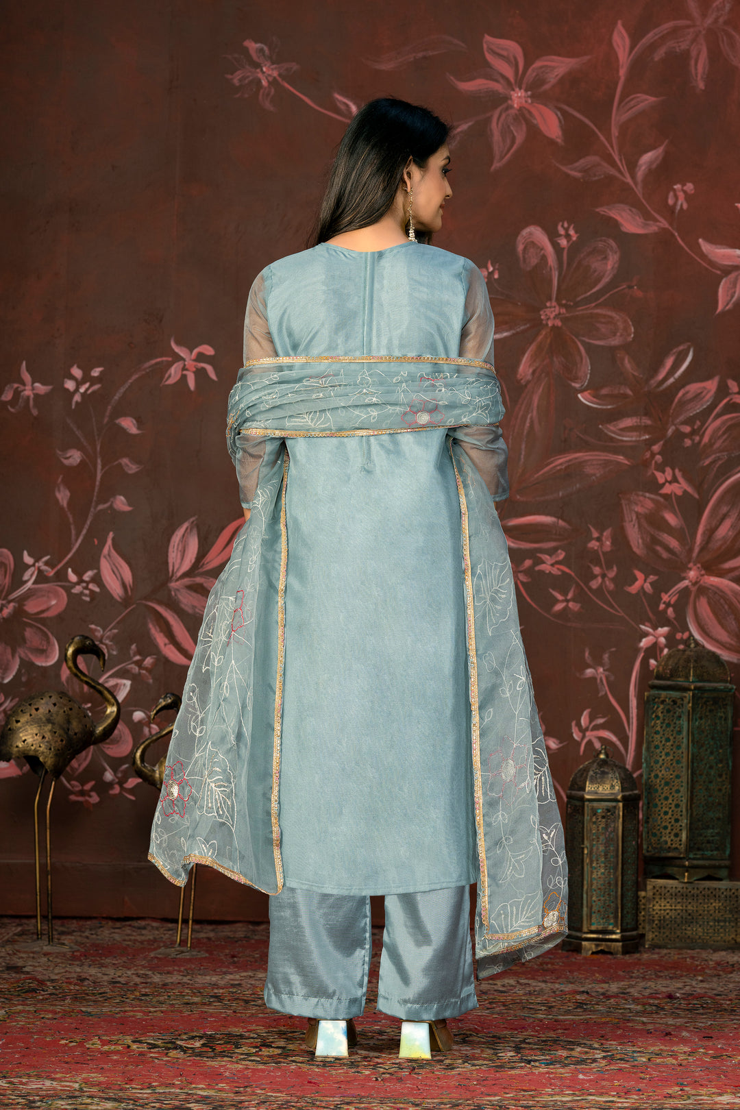 Elegant Organza Wevon Hand Work Suit | Santoon Bottom & Dupatta Set