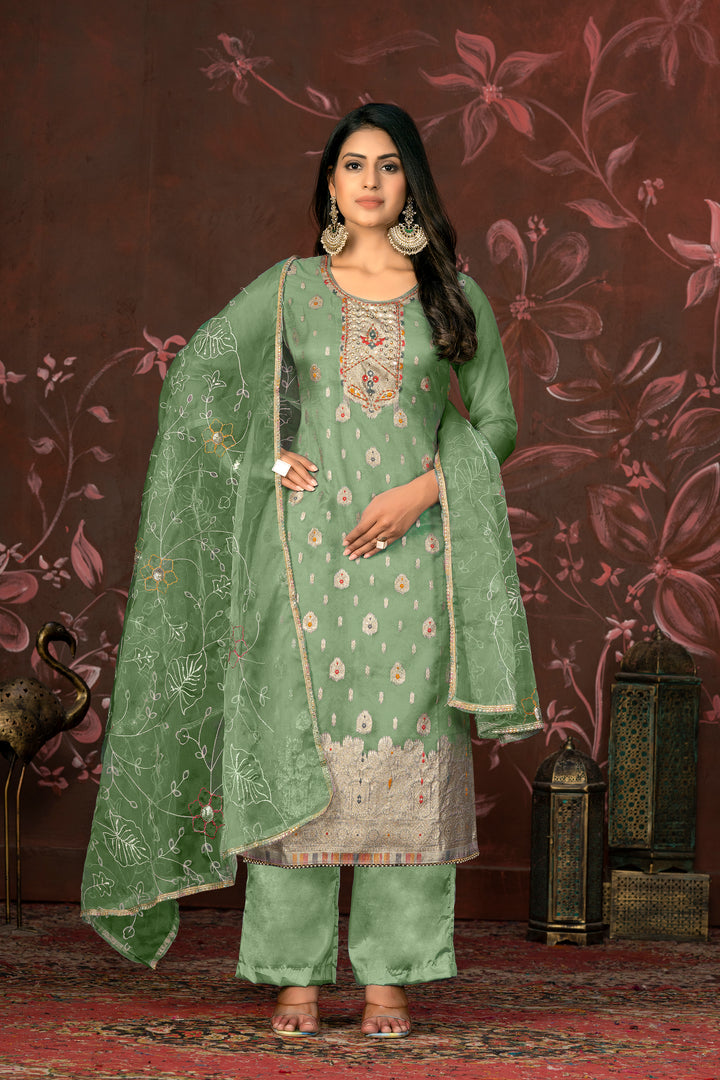 Elegant Organza Wevon Hand Work Suit | Santoon Bottom & Dupatta Set