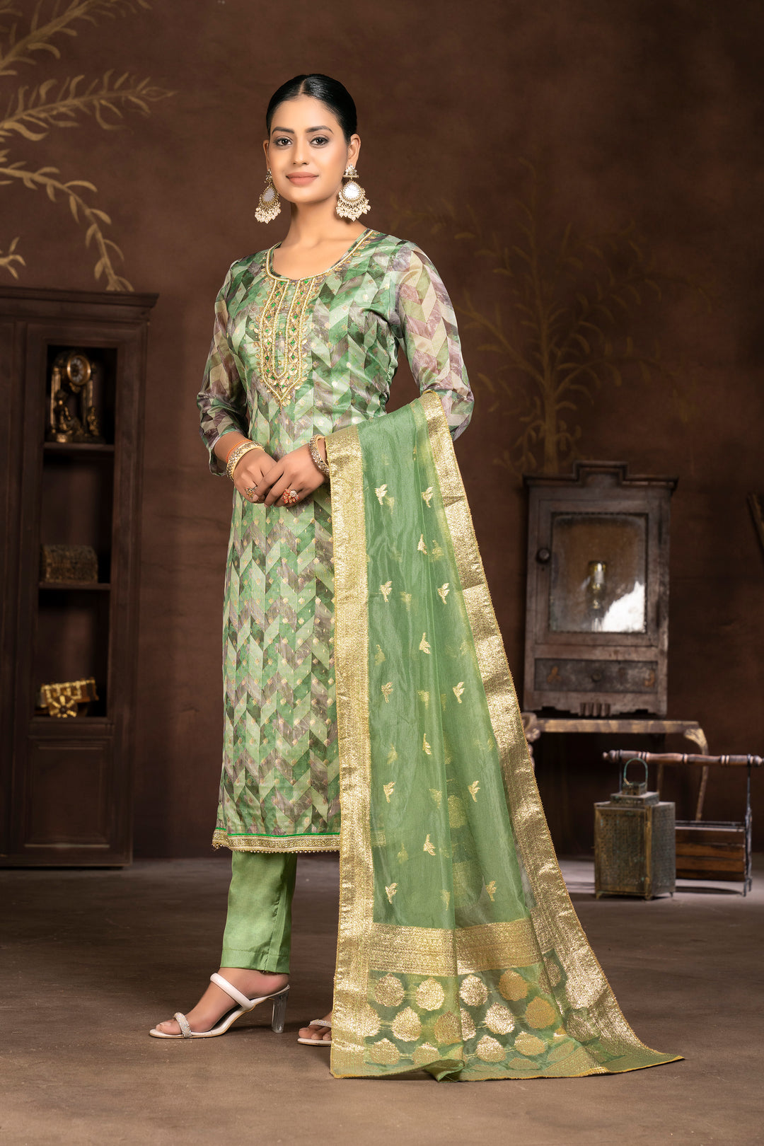 Organza Suit With Santoon Bottom | Elegant Wevon Hand Work Design