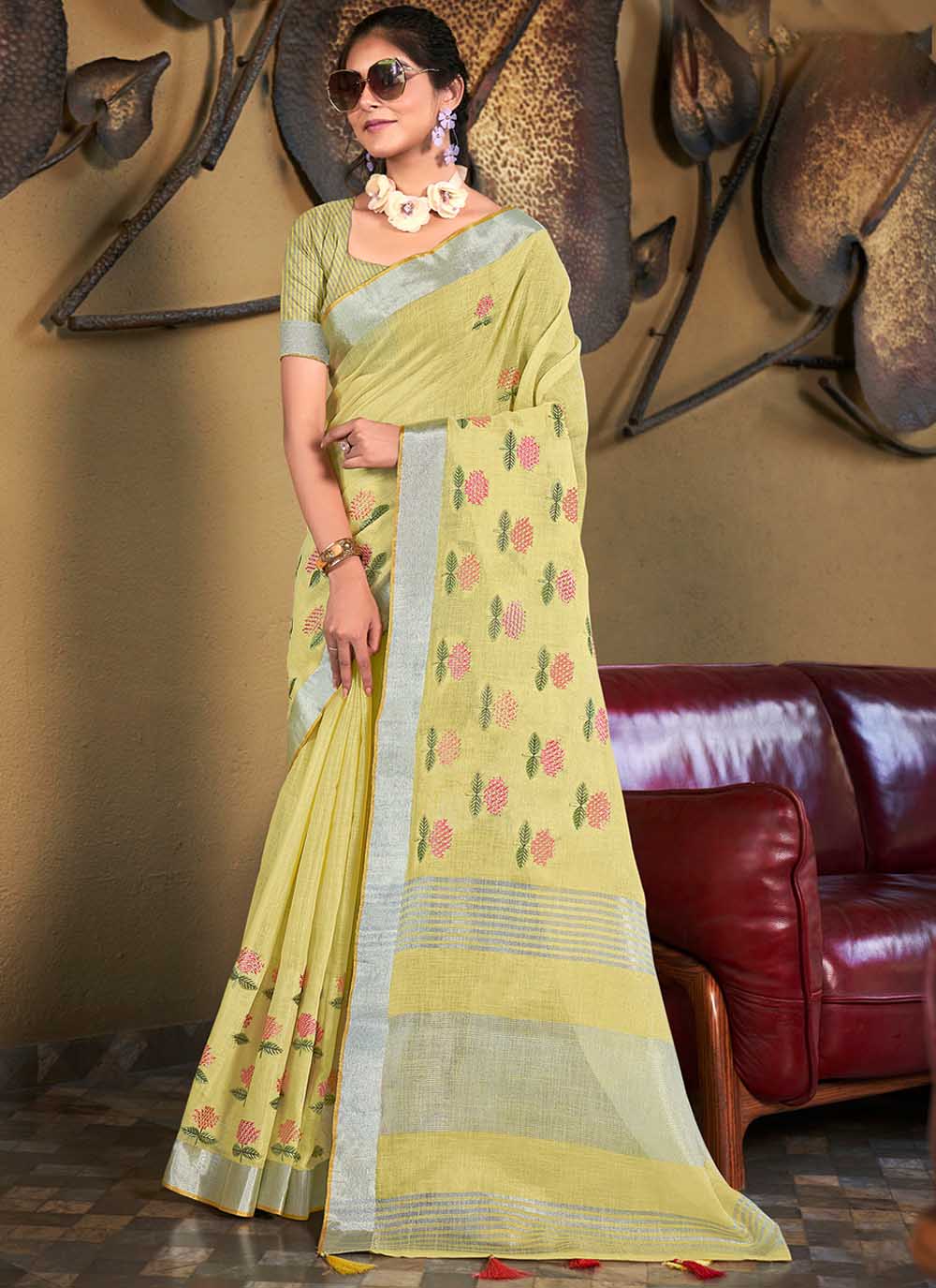 Designer Linen Party Wear Saree | Wevon  Saree with Embroidery Work