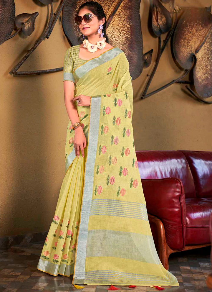 Designer Linen Party Wear Saree | Wevon  Saree with Embroidery Work