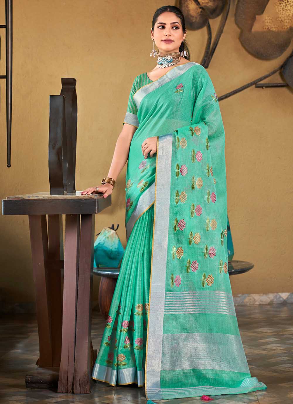 Designer Linen Party Wear Saree | Wevon  Saree with Embroidery Work