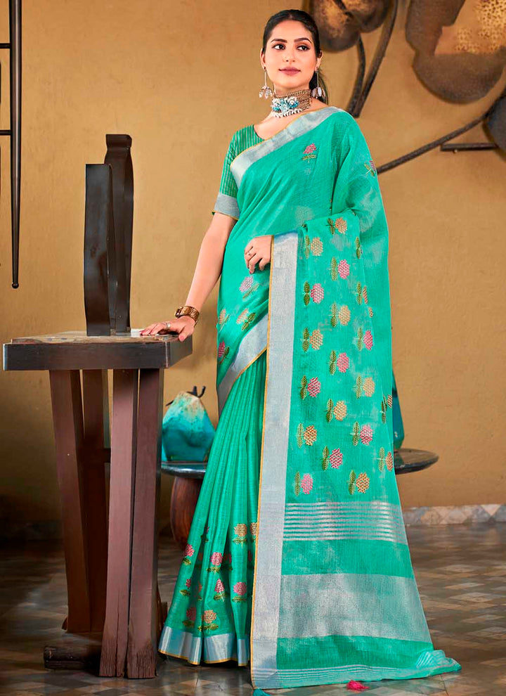 Designer Linen Party Wear Saree | Wevon  Saree with Embroidery Work