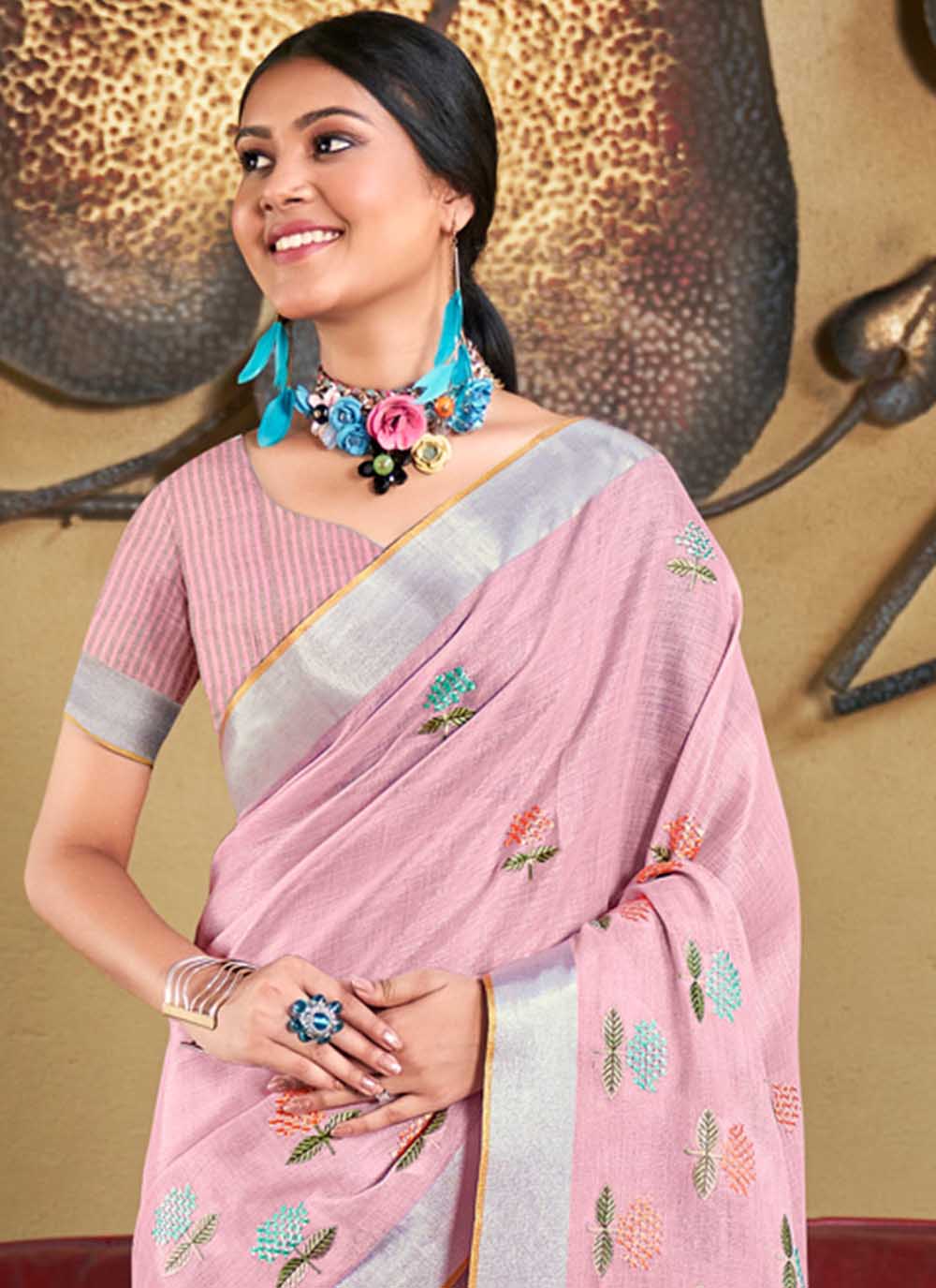 Designer Linen Party Wear Saree | Wevon  Saree with Embroidery Work