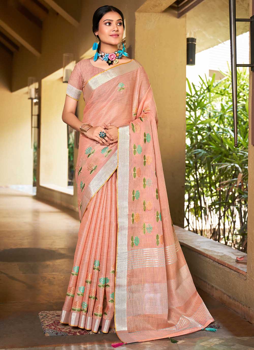 Designer Linen Party Wear Saree | Wevon  Saree with Embroidery Work