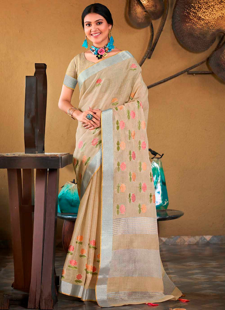 Designer Linen Party Wear Saree | Wevon  Saree with Embroidery Work