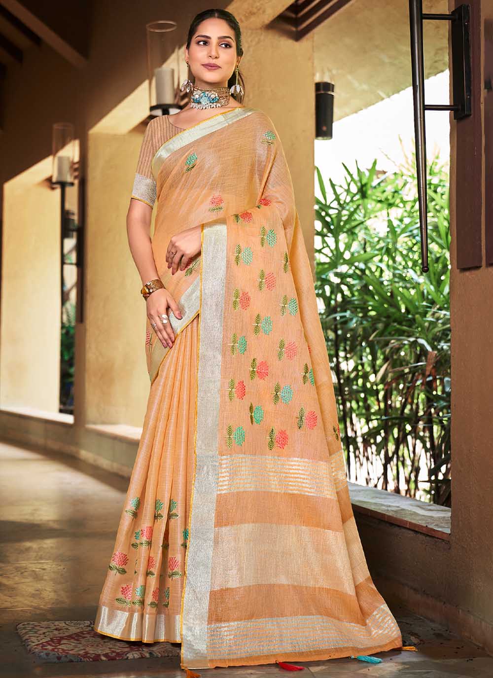 Designer Linen Party Wear Saree | Wevon  Saree with Embroidery Work