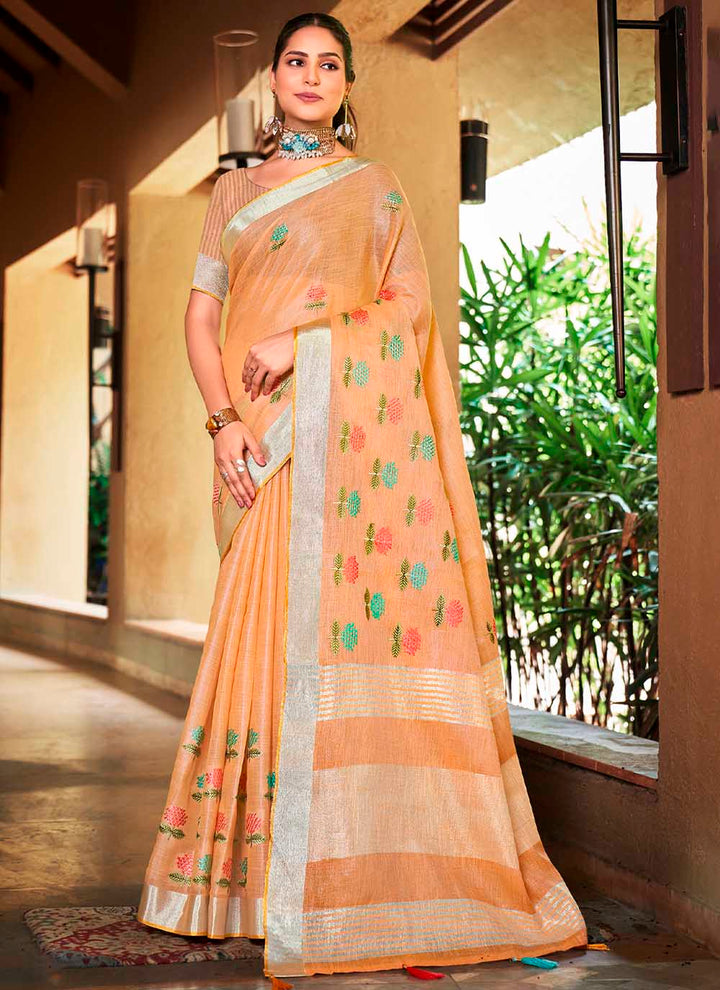 Designer Linen Party Wear Saree | Wevon  Saree with Embroidery Work