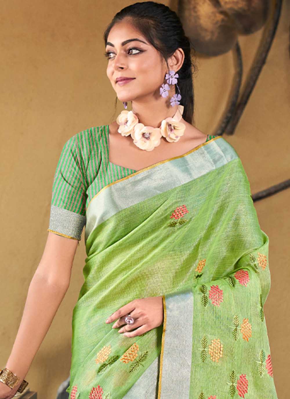 Designer Linen Party Wear Saree | Wevon  Saree with Embroidery Work