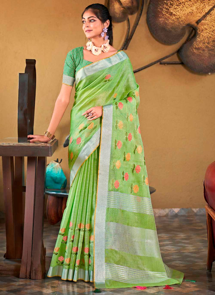 Designer Linen Party Wear Saree | Wevon  Saree with Embroidery Work