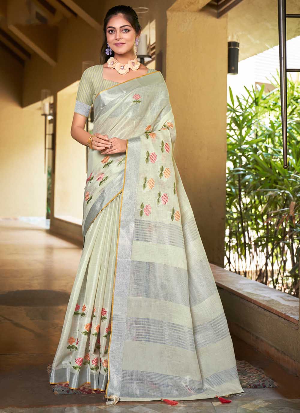 Designer Linen Party Wear Saree | Wevon  Saree with Embroidery Work