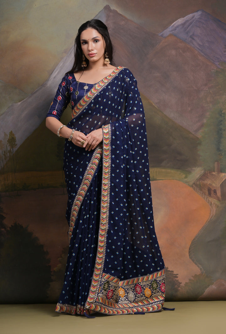 Elegant Georgette Saree with Printed Sequins & Lace Work | Wedding Festive Wear