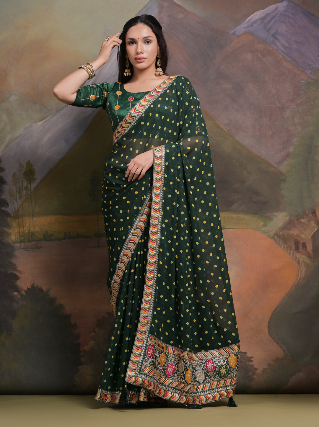 Elegant Georgette Saree with Printed Sequins & Lace Work | Wedding Festive Wear