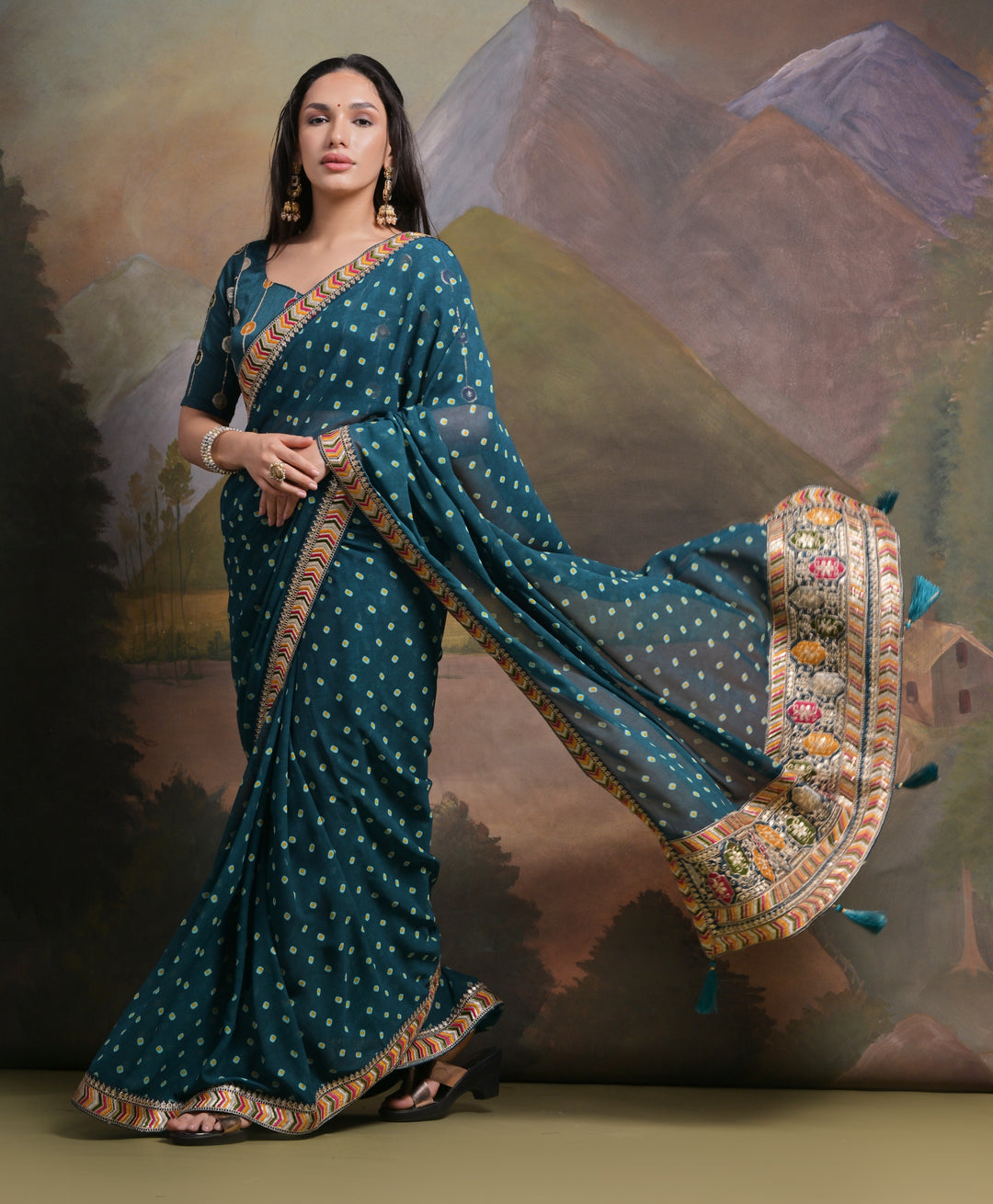 Elegant Georgette Saree with Printed Sequins & Lace Work | Wedding Festive Wear