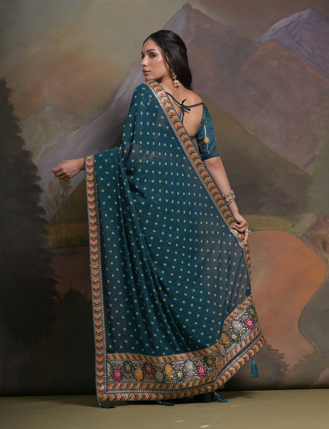 Elegant Georgette Saree with Printed Sequins & Lace Work | Wedding Festive Wear