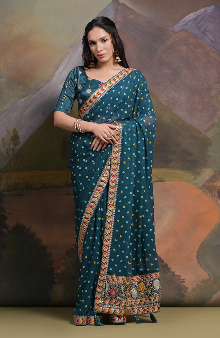 Elegant Georgette Saree with Printed Sequins & Lace Work | Wedding Festive Wear