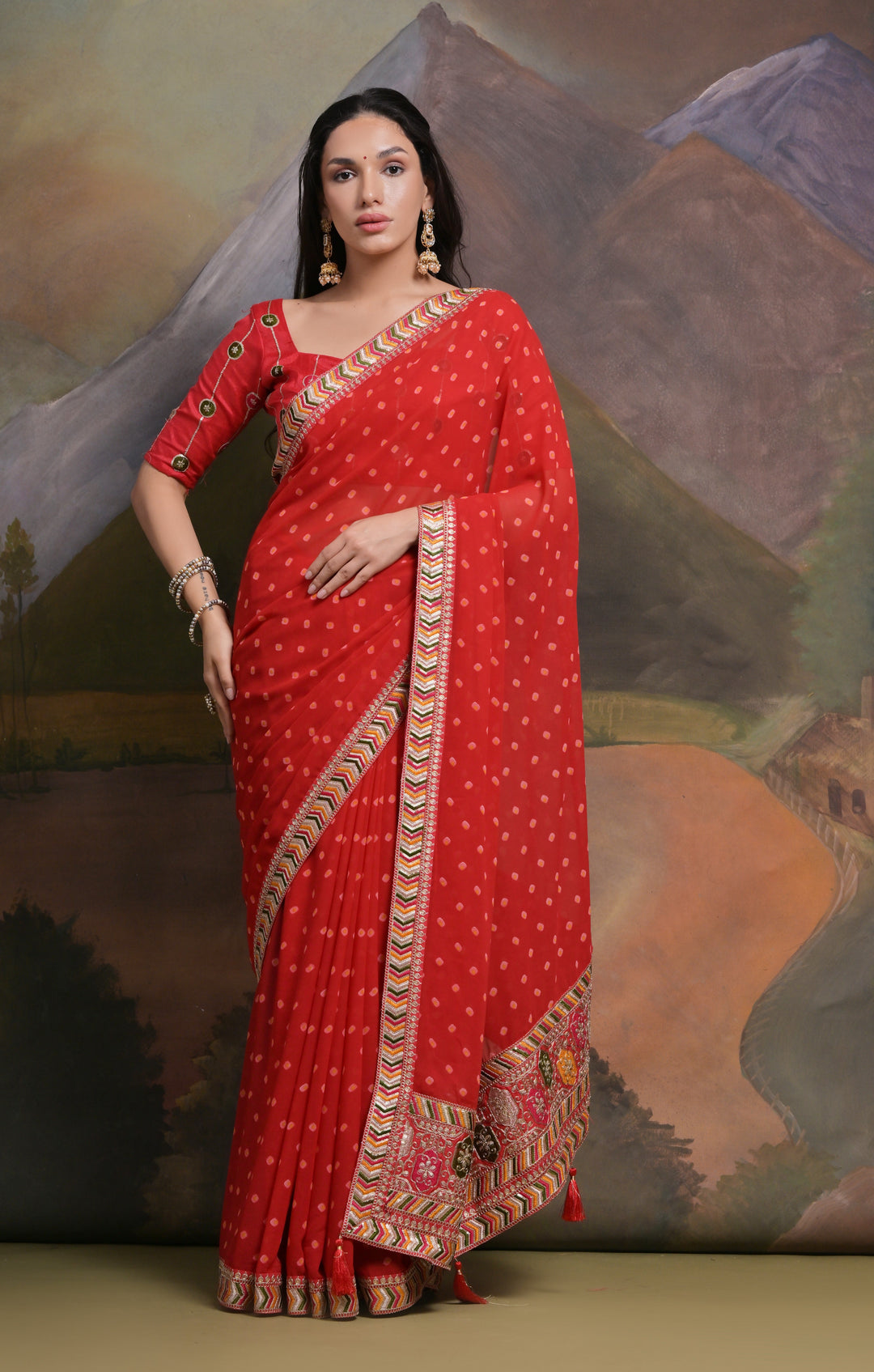 Elegant Georgette Saree with Printed Sequins & Lace Work | Wedding Festive Wear