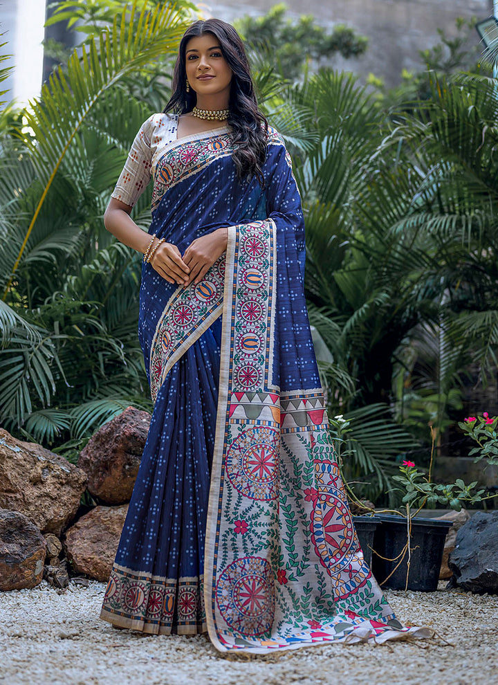 Designer Madhubani-Printed Tusser Silk Saree for Weddings & Special Events | Elegant Traditional Wear