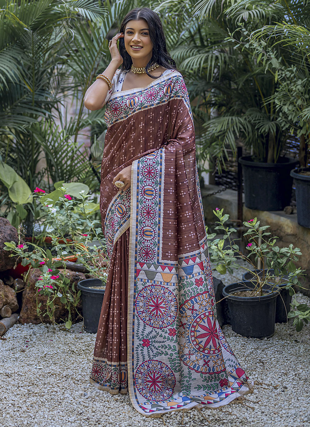 Designer Madhubani-Printed Tusser Silk Saree for Weddings & Special Events | Elegant Traditional Wear