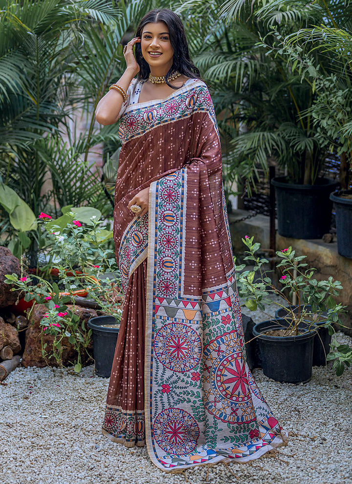 Designer Madhubani-Printed Tusser Silk Saree | Elegant Traditional Wear for Weddings & Special Events