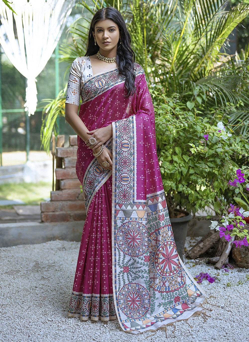 Designer Madhubani-Printed Tusser Silk Saree for Weddings & Special Events | Elegant Traditional Wear