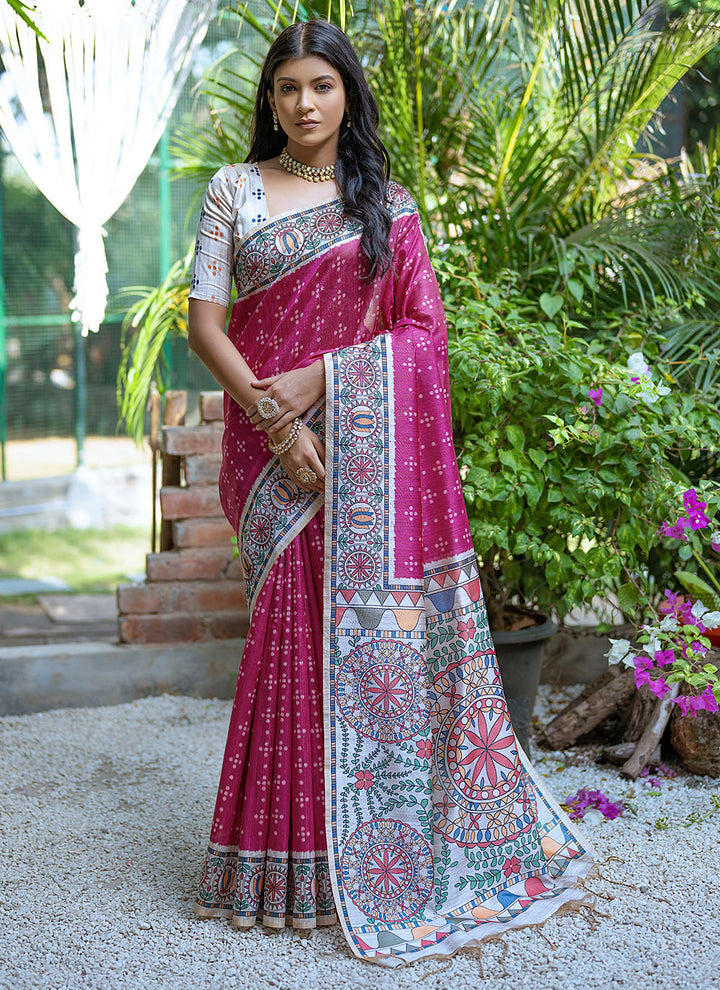 Designer Madhubani-Printed Tusser Silk Saree | Elegant Traditional Wear for Weddings & Special Events