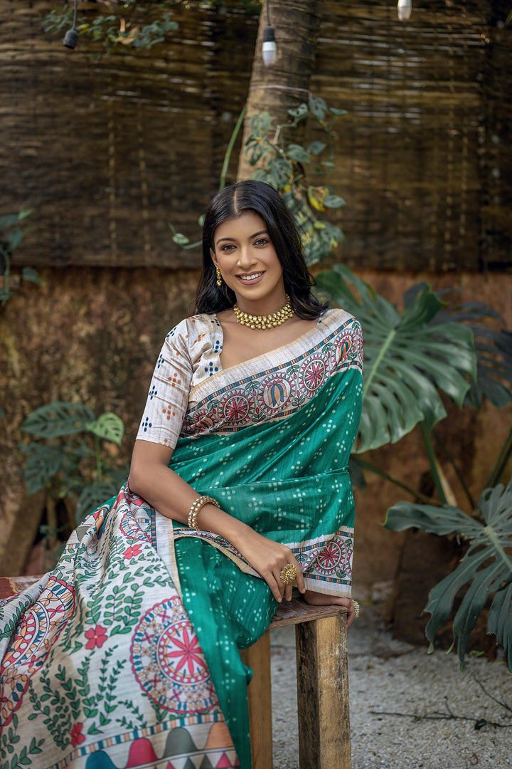 Designer Madhubani-Printed Tusser Silk Saree | Elegant Traditional Wear for Weddings & Special Events