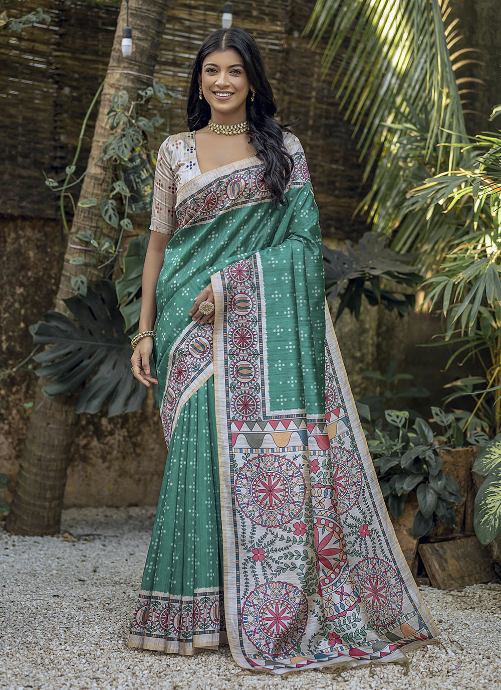 Designer Madhubani-Printed Tusser Silk Saree for Weddings & Special Events | Elegant Traditional Wear