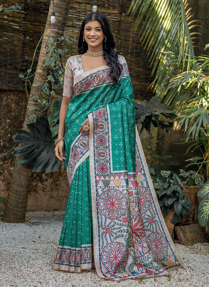 Designer Madhubani-Printed Tusser Silk Saree | Elegant Traditional Wear for Weddings & Special Events