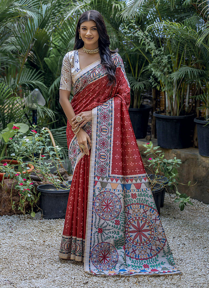 Designer Madhubani-Printed Tusser Silk Saree | Elegant Traditional Wear for Weddings & Special Events