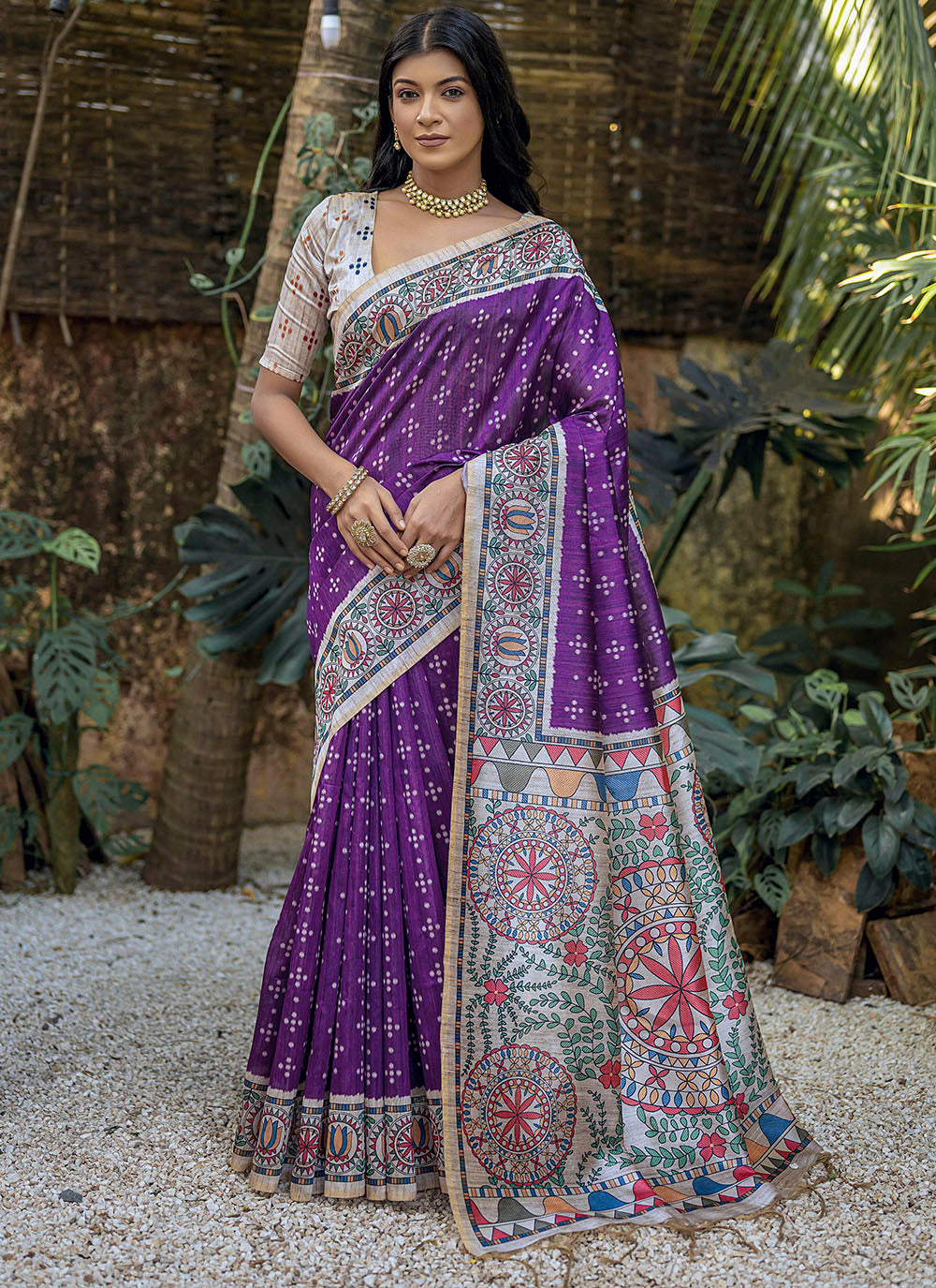 Designer Madhubani-Printed Tusser Silk Saree for Weddings & Special Events | Elegant Traditional Wear