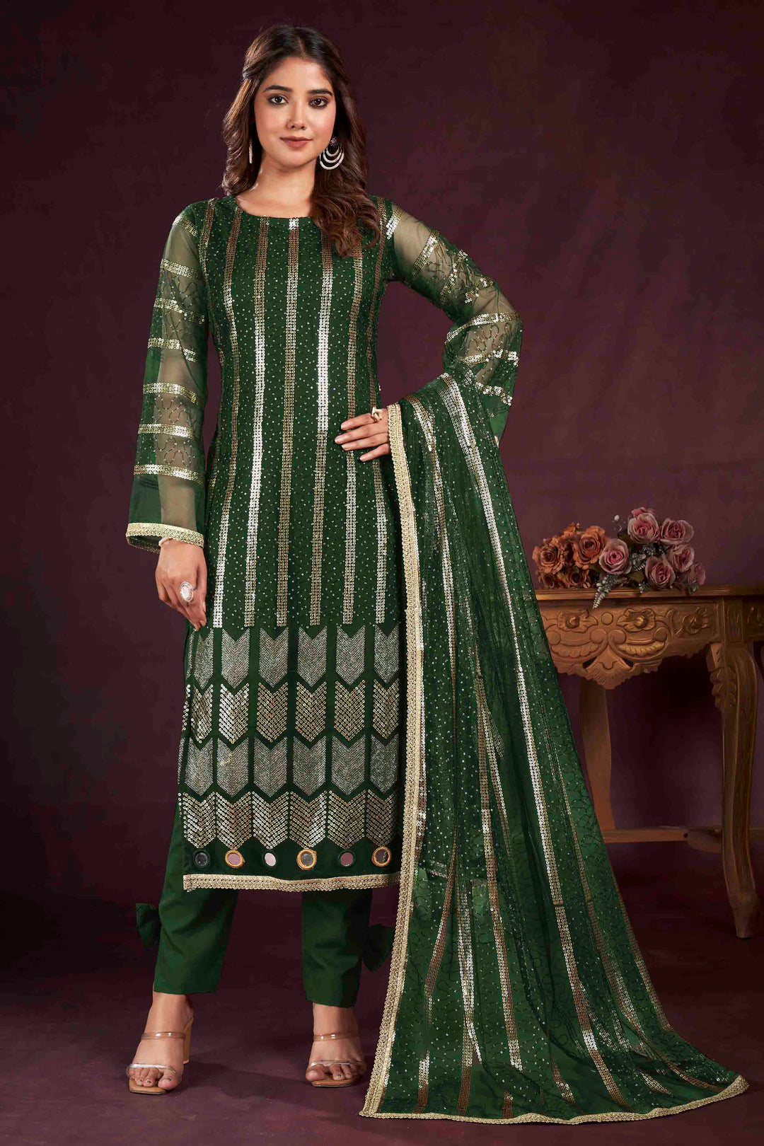 Stylish Indian Kurti Set | Butterfly Net Top with Crepe Bottoms