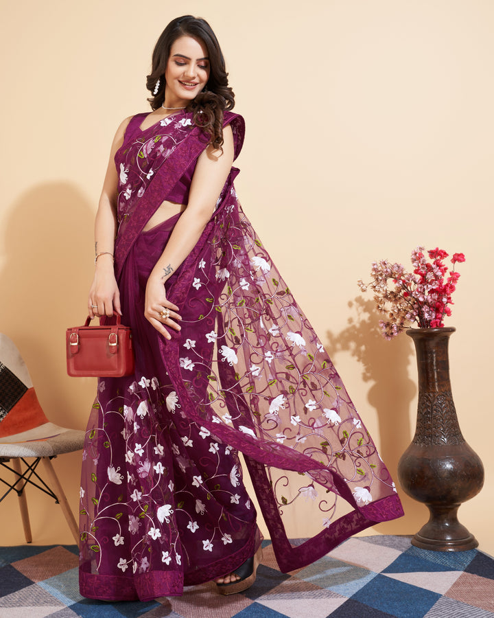 Soft-Net Saree with Multi-Thread Embroidery | Elegant Wedding Attire