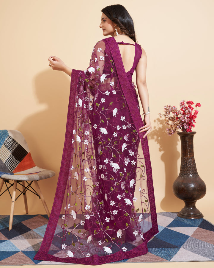 Soft-Net Saree with Multi-Thread Embroidery | Elegant Wedding Attire