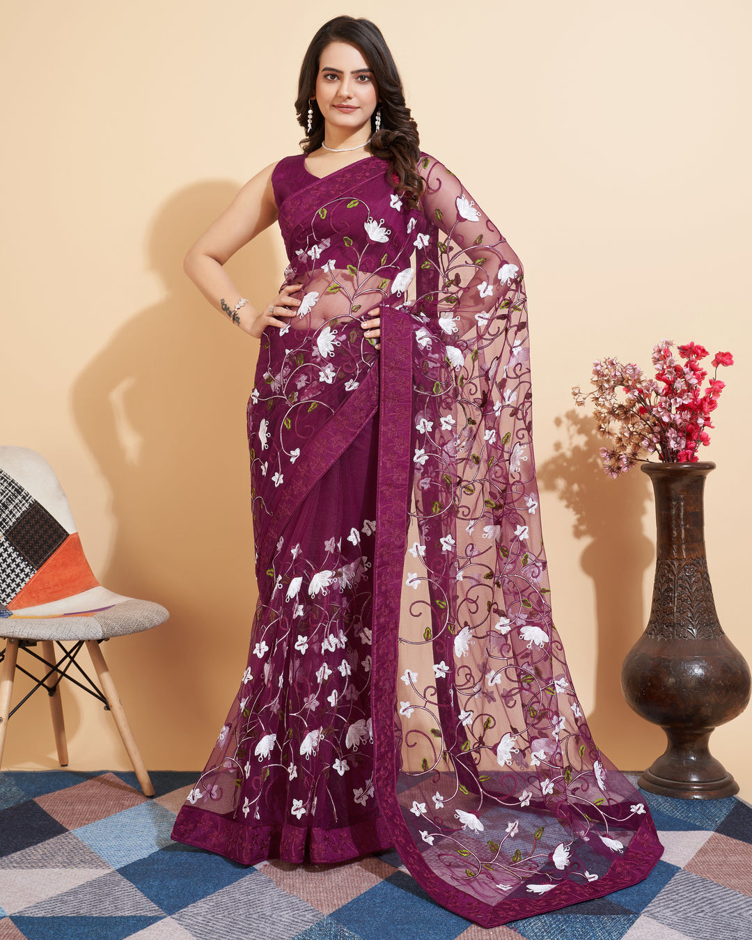 Soft-Net Saree with Multi-Thread Embroidery | Elegant Wedding Attire