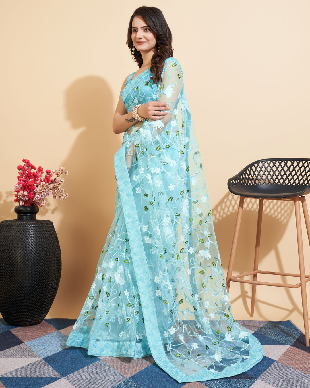 Soft-Net Saree with Multi-Thread Embroidery | Elegant Wedding Attire